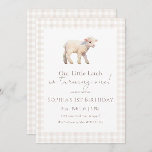 Our Little Lamb Birthday Neutral Gingham 招待状 (正面/裏面)