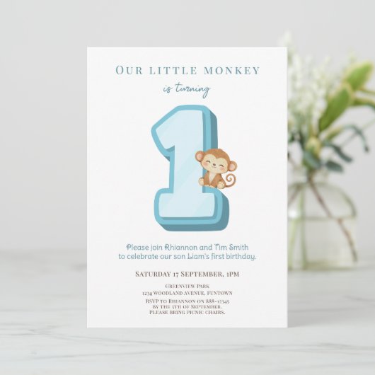 Our Little Monkey Blue 1st Birthday invitation 招待状 (スタンド正面)