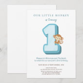 Our Little Monkey Blue 1st Birthday invitation 招待状 (正面/裏面)