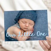 Our Little One Handwritten Blue Script Photo Birth 案内状