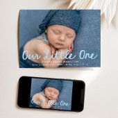 Our Little One Handwritten Blue Script Photo Birth 案内状