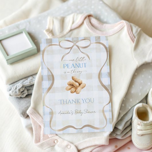 Our Little Peanut Boy Blue Gingham Baby Shower サンキューカード