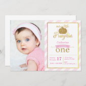 Our Little Pumpkin金ゴールド/ピンク誕生日招待状写真 招待状 (正面/裏面)