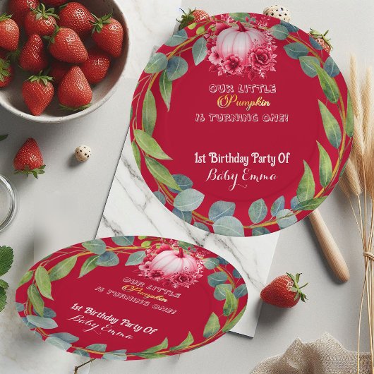 Our Little Pumpkin 1st Birthday Green Wreath Pink ペーパープレート