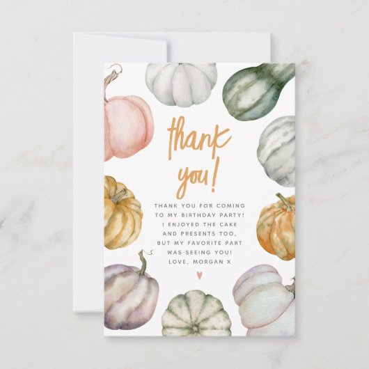 Our Little Pumpkin Boho Fall Birthday Party サンキューカード (正面)