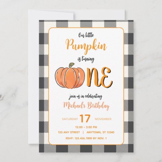 Our Little Pumpkin Fall Flannel Boys Birthday 招待状 (正面)