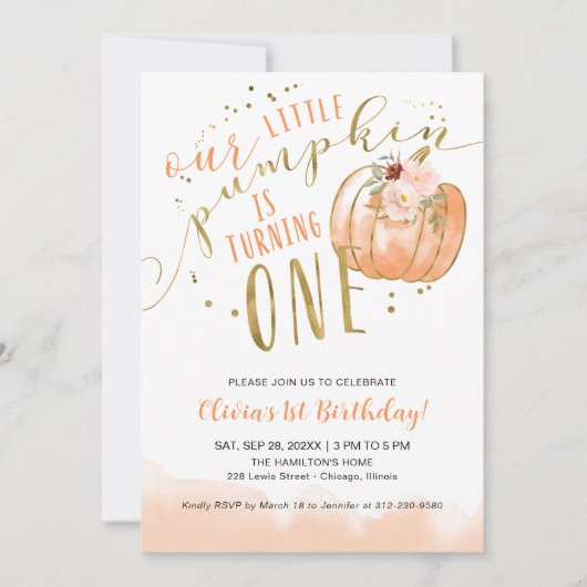 Our Little Pumpkin Is Turning One 1st Birthday 招待状 (正面)