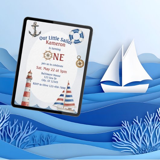 Our Little Sailor, 1st Birthday, watercolor 招待状