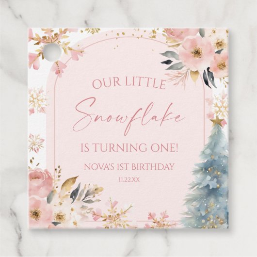 Our Little Snowflake Pink Winter Birthday Party フェイバータグ (正面)
