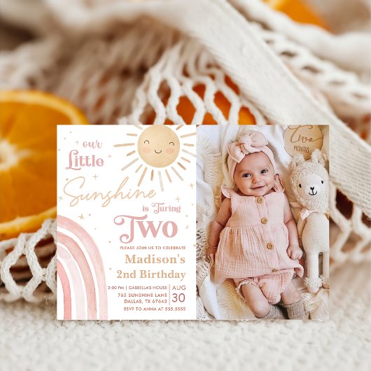 Our Little Sunshine Rainbow 2nd Birthday Photo 招待状