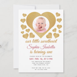 Our Little Sweetheartフォト金ゴールドハート誕生日 招待状