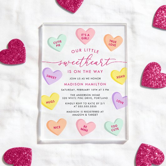 Our Little Sweetheart Candy Hearts Baby Shower アクリル招待状