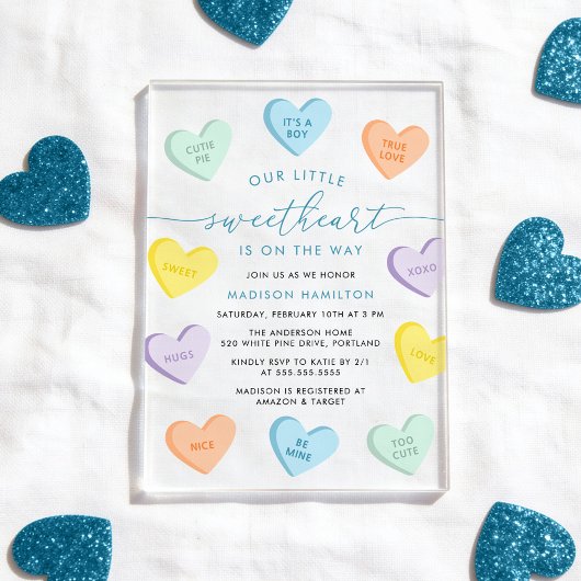 Our Little Sweetheart Candy Hearts Baby Shower アクリル招待状