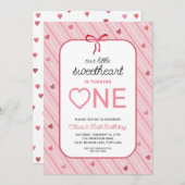 Our Little Sweetheart Is One Hearts Bows Birthday 招待状 (正面/裏面)