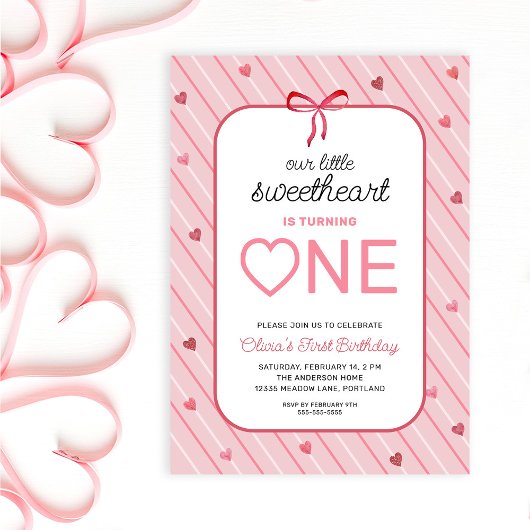 Our Little Sweetheart Is One Hearts Bows Birthday 招待状