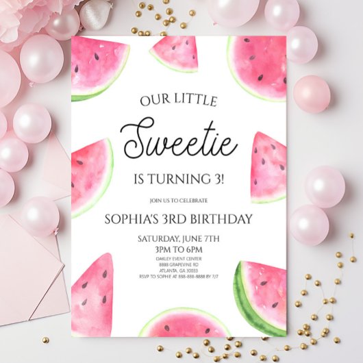 Our Little Sweetie Pink Watermelon Birthday Party 招待状