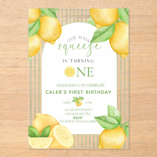  Our Main Squeeze Lemon 1st Birthday Invitation アクリル招待状 (正面)