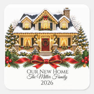 Our New Home Christmas House with Family Name and スクエアシール