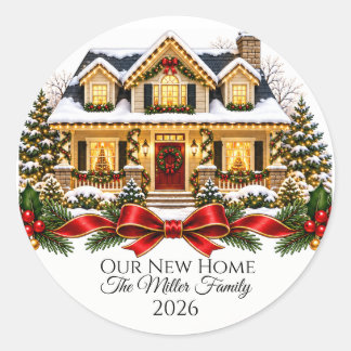 Our New Home Christmas House with Family Name and ラウンドシール