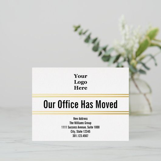 Our Officeが白黒金ゴールドをロゴに移動 箔招待状ポストカード (立ち正面)