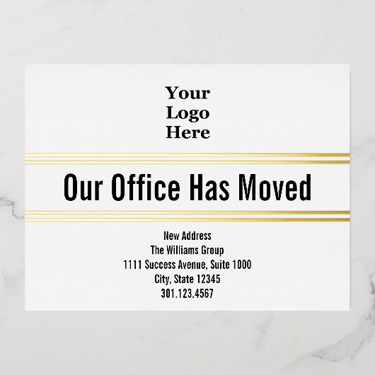 Our Officeが白黒金ゴールドをロゴに移動 箔招待状ポストカード (正面)