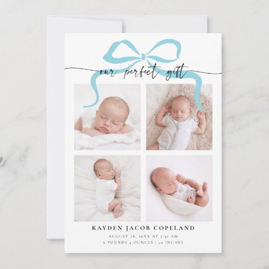 Our Perfect Gift Blue Bow Photo Birth 案内状 (正面)