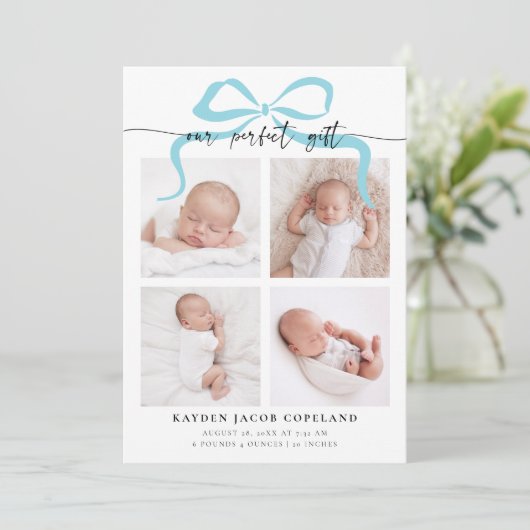 Our Perfect Gift Blue Bow Photo Birth 案内状 (スタンド正面)
