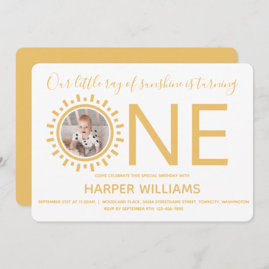 Our Ray of Sunshineフォトベビーファースト誕生日 招待状 (正面/裏面)