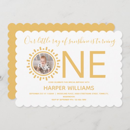 Our Ray of Sunshine写真ベビー1st Birthday 招待状 (正面/裏面)
