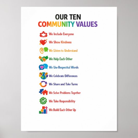 Our Ten Community Values Poster 8.5x11– Bright  ポスター (正面)