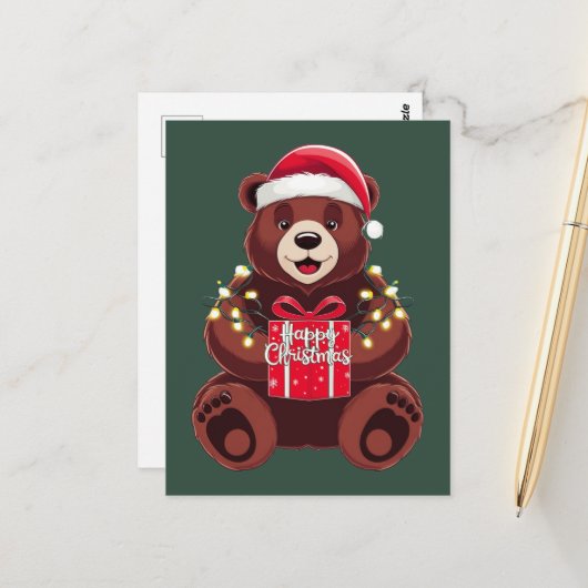 Ours de Noël avec Cadeau et Lumières ポストカード (正面/裏面インサイチュ)
