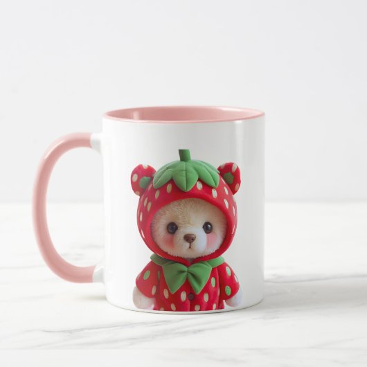 Ours en peluche avec capuche déguisé en fraise. マグカップ (左)