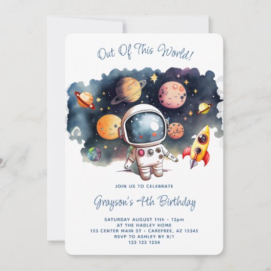 Out Of This World Outer Space 4th Birthday 招待状 (正面)