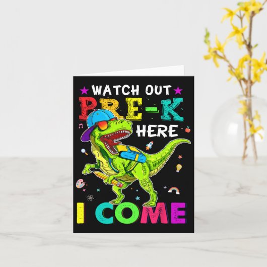 Out Pre K Here I恐竜の来新学期Kid カード (黄色い花)
