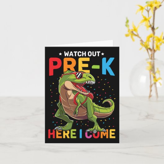 Out Pre-K Here I恐竜来新学期少年 カード (黄色い花)