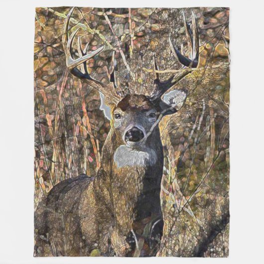 Outdoorsmanのオジロ鹿シカの木びき台のハンターのプラシ天 フリースブランケット (正面)