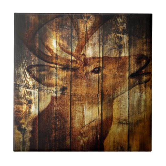 Outdoorsmanの初期のな納屋の木製のオジロ鹿シカ タイル (正面)