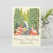 Outdoorsy Mountain Town Linocut Christmas シーズンカード (スタンド正面)