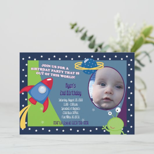 Outer Spaceフォト誕生日招待状5 x 7 招待状 (スタンド正面)