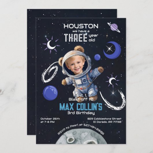 Outer Space Any Age誕生日招待状(写真あり) 招待状 (正面/裏面)