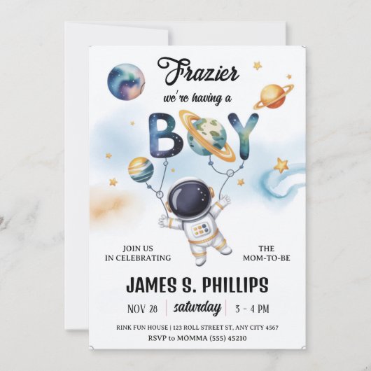 Outer Space Astronaut Baby Shower 招待状 (正面)