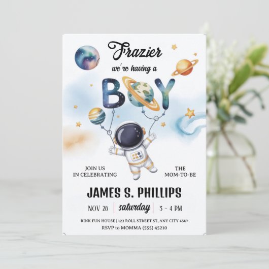 Outer Space Astronaut Baby Shower 招待状 (スタンド正面)