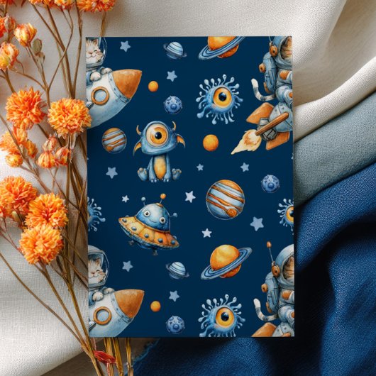 Outer Space Astronaut Cat Blast Off 1st Birthday 招待状