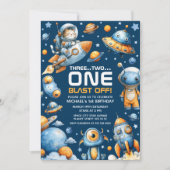 Outer Space Astronaut Cat Blast Off 1st Birthday 招待状 (正面)