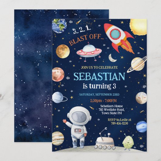 Outer Space Astronaut Galaxy Rocket Ship Birthday 招待状 (正面/裏面)
