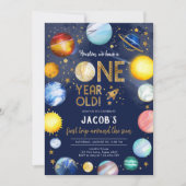 Outer Space Astronaut Planet Galaxy 1st Birthday 招待状 (正面)