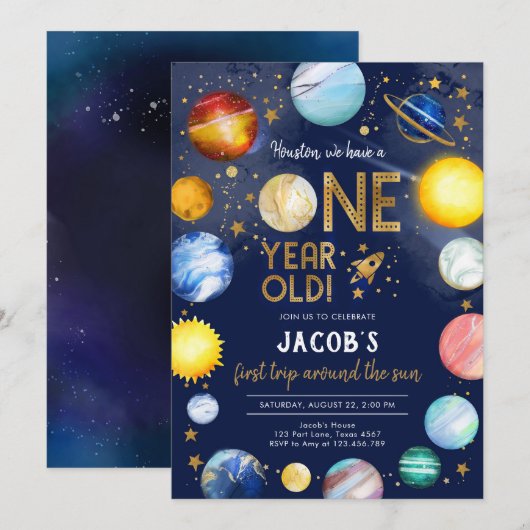 Outer Space Astronaut Planet Galaxy 1st Birthday 招待状 (正面/裏面)