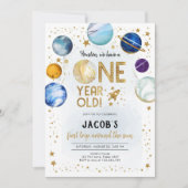Outer Space Astronaut Planet Galaxy 1st Birthday 招待状 (正面)