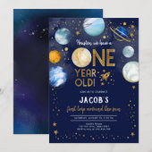 Outer Space Astronaut Planet Galaxy 1st Birthday 招待状 (正面/裏面)