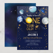 Outer Space Astronaut Planet Galaxy 1st Birthday 招待状 (正面/裏面)